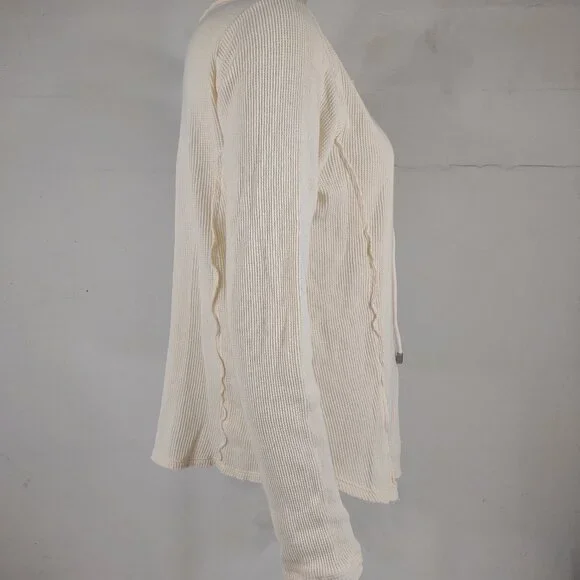 Sundance ivory 100% cotton long sleeve lace up V-Neck thermal shirt ladies Large - Picture 3 of 7